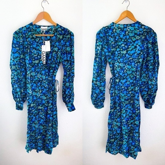 GANNI Azure Blue Wrap Dress 34 - Picture 3 of 15